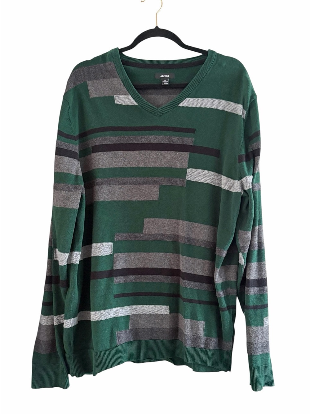 Like New! Alfani Green V-Neck Sweater with Gray and Black Stripes